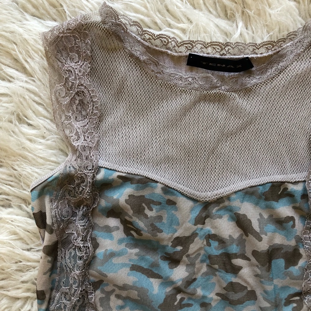 Camo sleeveless tank top, Blue/ Beige Size S